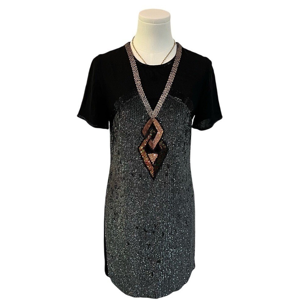 French Connection Sequin Beaded Mini Dress Black Metallic Y2K Party 4 - Picture 1 of 12